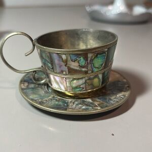 Abalone Inlay Metal Teacup and Saucer